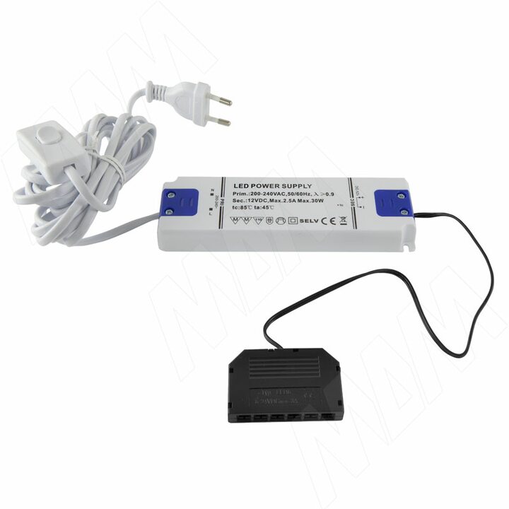 Блок питания с терминалом розеток 6 шт., тип "LED" и сетевым проводом, AC-230/DC-12V, IP31, 30W