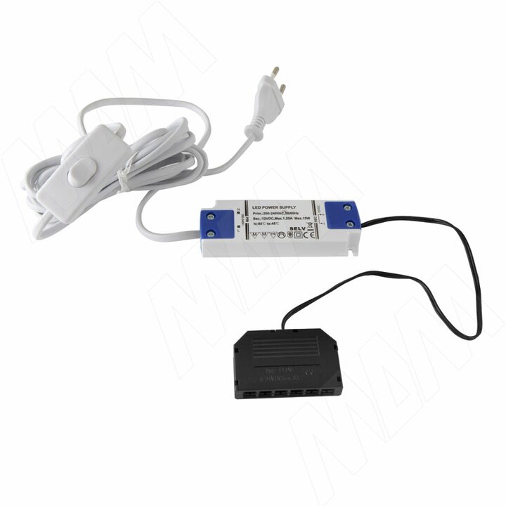 Блок питания тонкий с терминалом розеток 6 шт., тип "LED" и сетевым проводом, AC-230/DC-12V, IP31, 15W