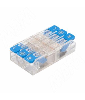 Клемма 221 с рычажком, 3 порта, разная полярность, для провода 0.5-4.0 кв.мм, ток 16А, синий