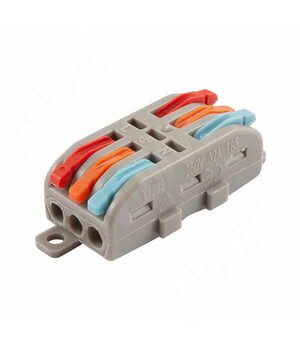 Клемма 222 с рычажком, 3 порта, разная полярность, для провода 0.5-4.0 кв.мм, ток 16А