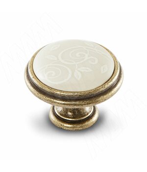 Ручка-кнопка D35мм бронза состаренная/керамика белые узоры