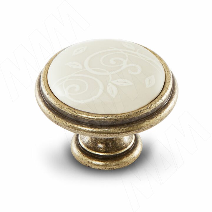 Ручка-кнопка D35мм бронза состаренная/керамика белые узоры