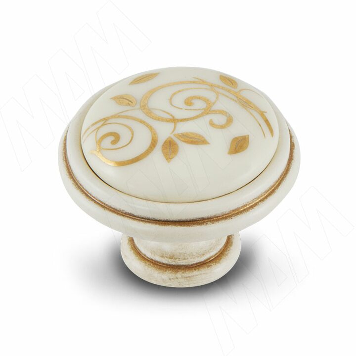 Ручка-кнопка D35мм cлоновая кость/золото винтаж керамика золотые узоры