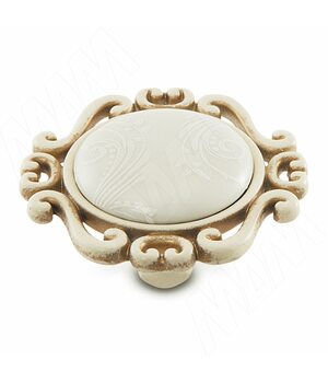 Ручка-кнопка cлоновая кость/золото винтаж, керамика белые узоры