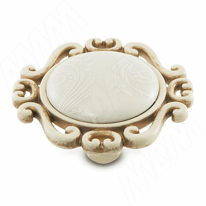 Ручка-кнопка cлоновая кость/золото винтаж, керамика белые узоры