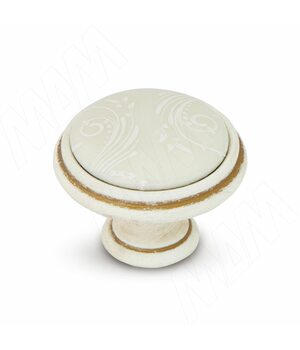 Ручка-кнопка D35мм cлоновая кость/золото винтаж, керамика белые узоры