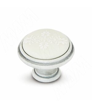 Ручка-кнопка D35мм белый/серебро винтаж, керамика белые узоры