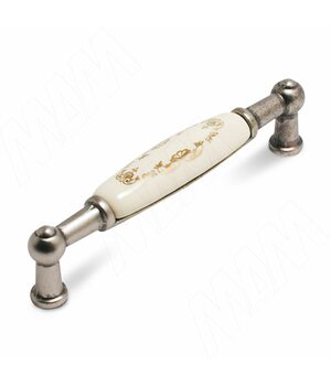 Ручка-скоба 96мм серебро состаренное/керамика золотые узоры