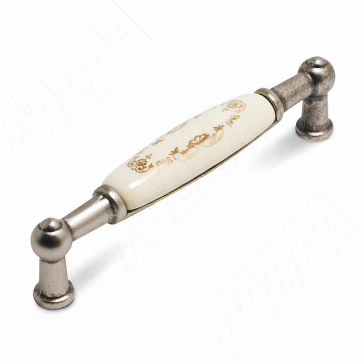 Ручка-скоба 96мм серебро состаренное/керамика золотые узоры