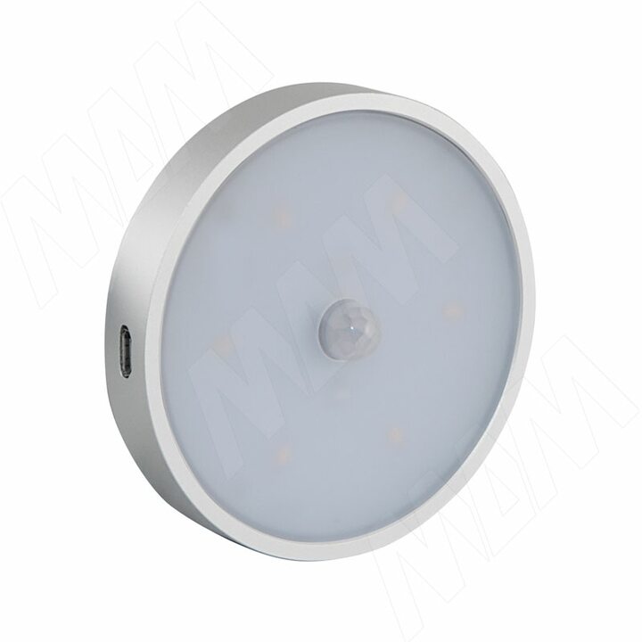 ATLAS Светодиодный светильник аккумуляторный с датчиком движения (PIR), круглый, серебро, нейтральный белый 4000К, 1W