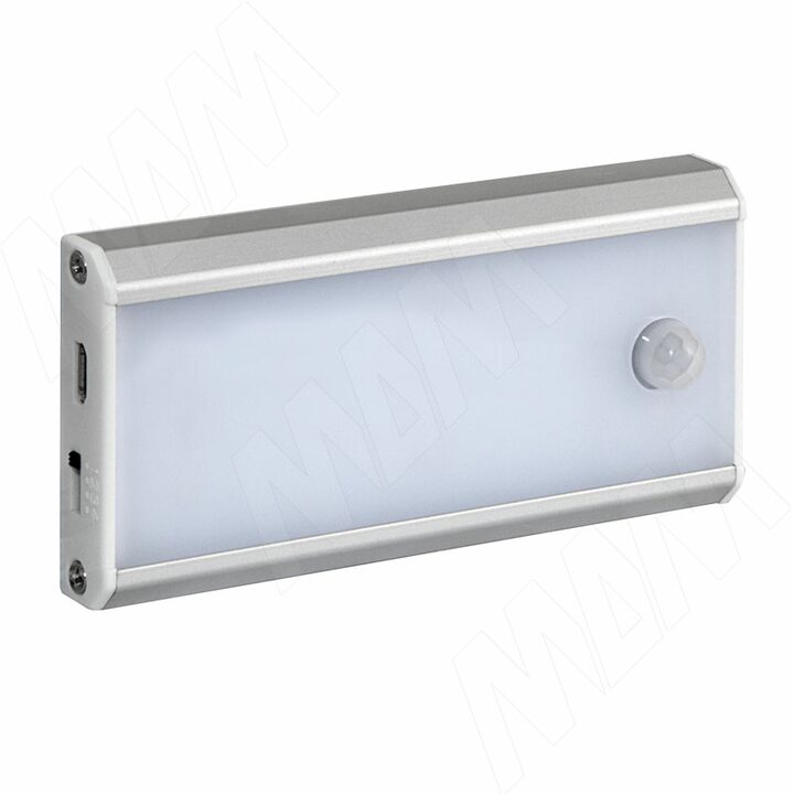 ATLAS Светодиодный светильник аккумуляторный с датчиком движения (PIR), прямоугольный, серебро, нейтральный белый 4000К, 1W