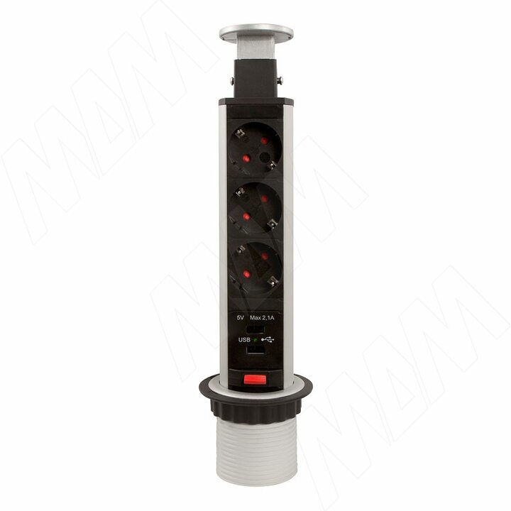 Выдвижной блок розеток, d=60 мм, 3 розетки, 2 USB, серебро