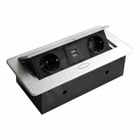 Выдвижной блок розеток, 266*130 мм, 2 розетки, 2 USB, серебро