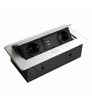 Выдвижной блок розеток, 266*130 мм, 2 розетки, 2 USB, серебро