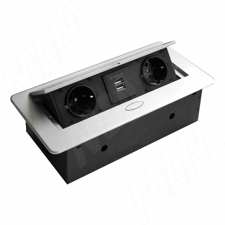 Выдвижной блок розеток, 266*130 мм, 2 розетки, 2 USB, серебро