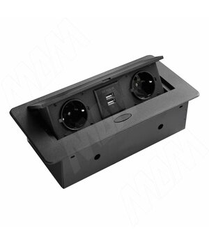 Выдвижной блок розеток, 266*130 мм, 2 розетки, 2 USB, черный