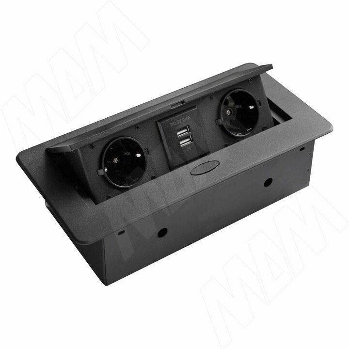 Выдвижной блок розеток, 266*130 мм, 2 розетки, 2 USB, черный
