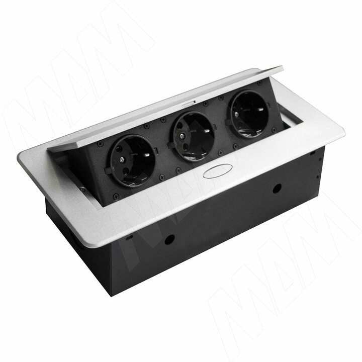 Выдвижной блок розеток, 266*130 мм, 3 розетки, серебро