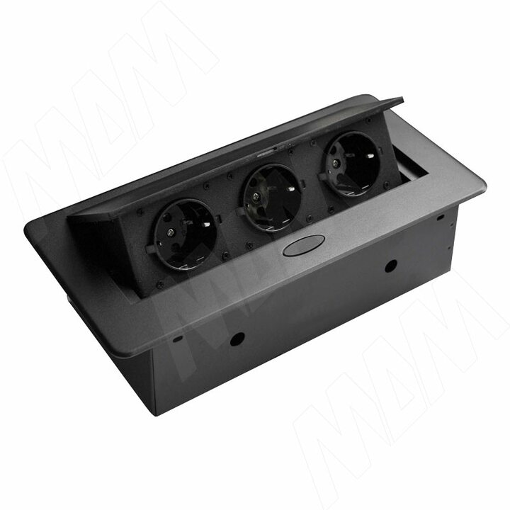 Выдвижной блок розеток, 266*130 мм, 3 розетки, черный