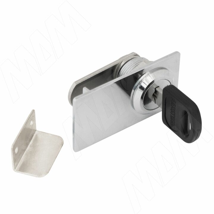 Замок для 2-х дверей, со сверлением, поворотный + отв. планка, хром