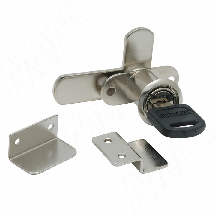 Замок для 2-х дверей, поворотный + отв. планки, "одинаковые ключи", хром