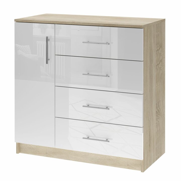 Морамо Комод с 4 ящиками и 1 дверкой, МДФ белый глянец