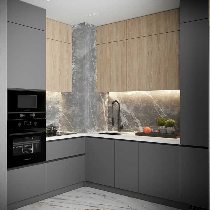 Kenisha Кухня угловая, TSS, SOFT TOUCH серый, дерево