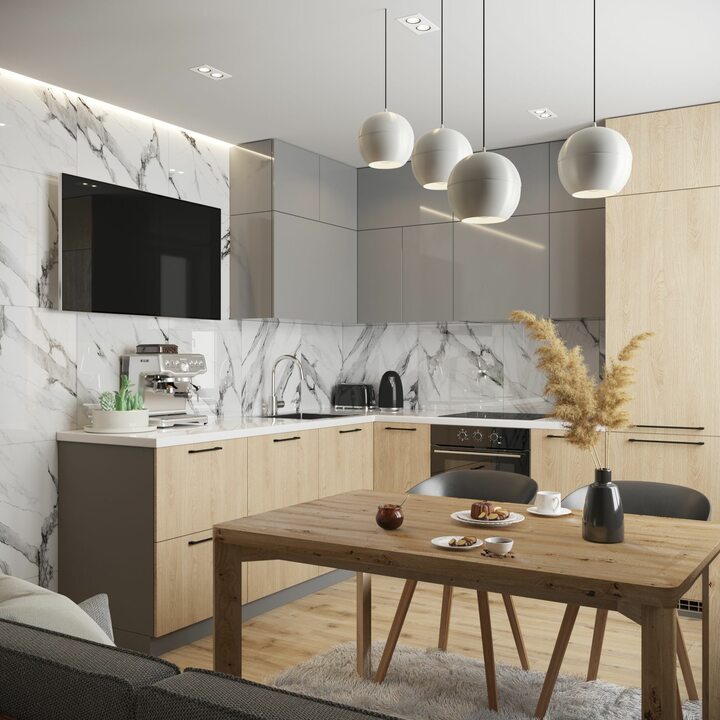 Avenia Кухня угловая, TSS, HIGH GLOSS серый, дерево