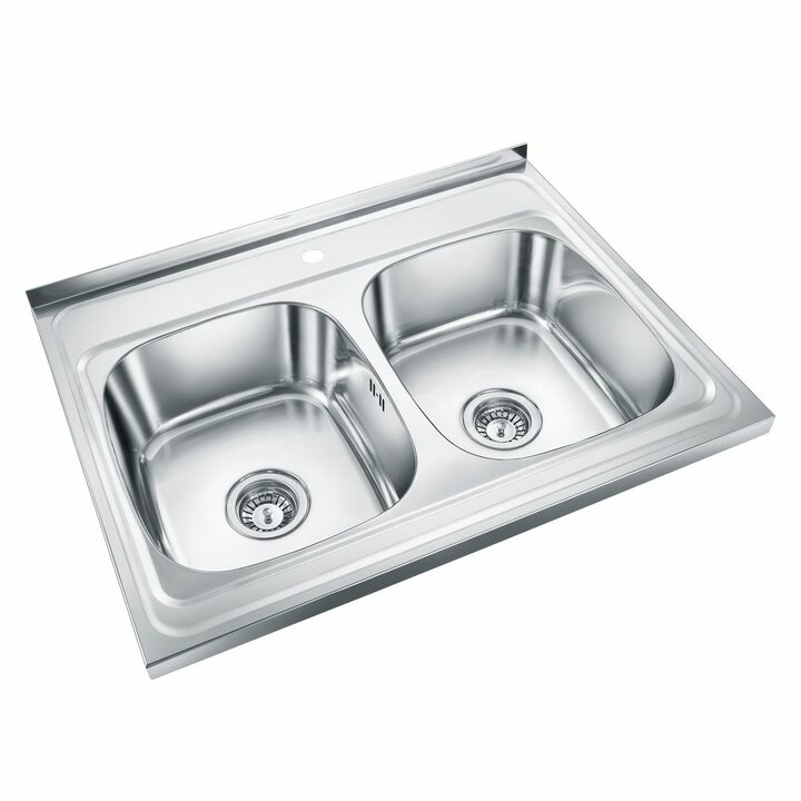 EMAR 6080A(Q) Кухонная накладная мойка с двумя чашами из нержавеющей стали, глянец