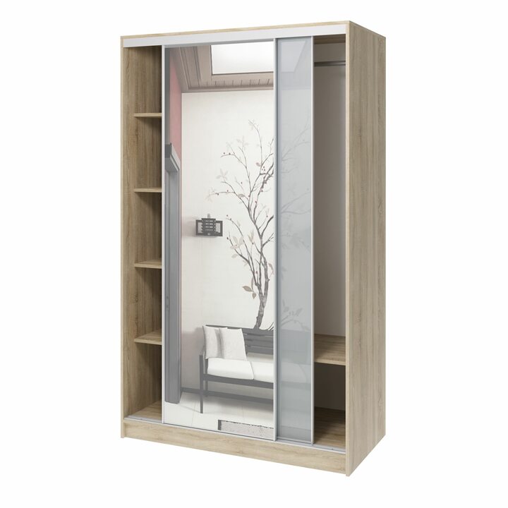 Валске Шкаф купе ширина 1,2 метра, корпус дуб сонома, фасад серое стекло, зеркало