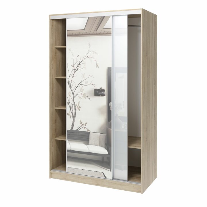 Валске Шкаф купе ширина 1,2 метра, корпус дуб сонома, фасад белое стекло, зеркало