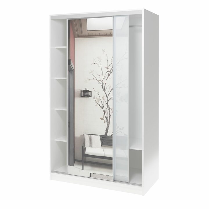 Валске Шкаф купе ширина 1,2 метра, корпус белый, фасад белое стекло, зеркало