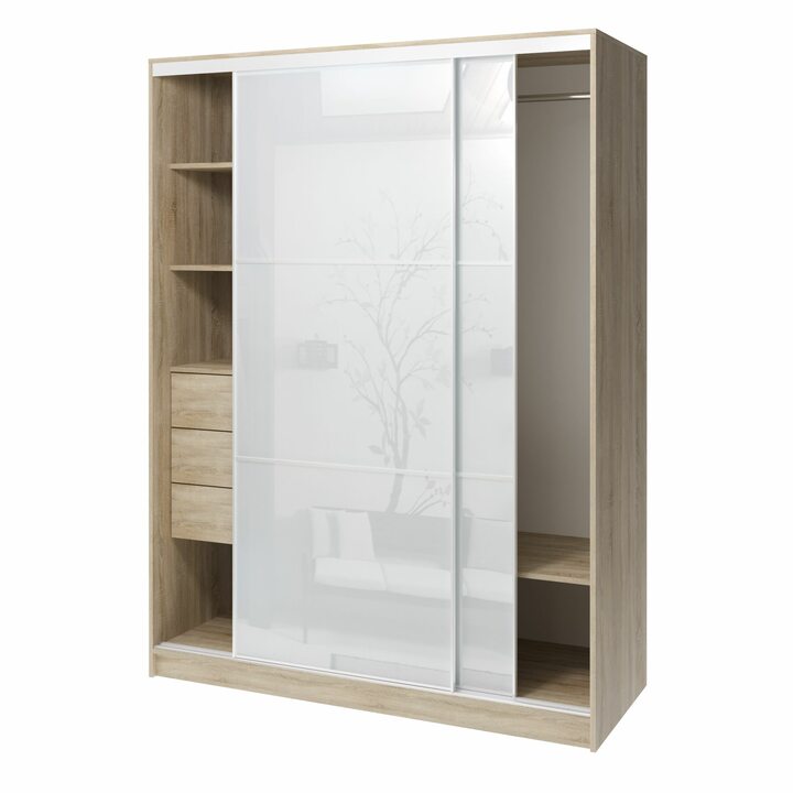 Валске Шкаф купе ширина 1,5 метра, корпус дуб сонома, фасад белое стекло