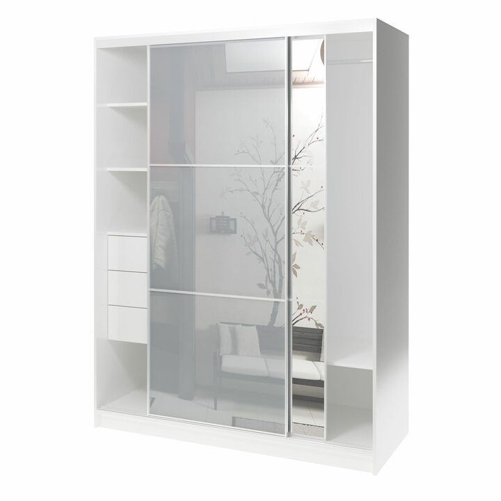 Валске Шкаф купе ширина 1,5 метра, корпус белый, фасад серое стекло, зеркало