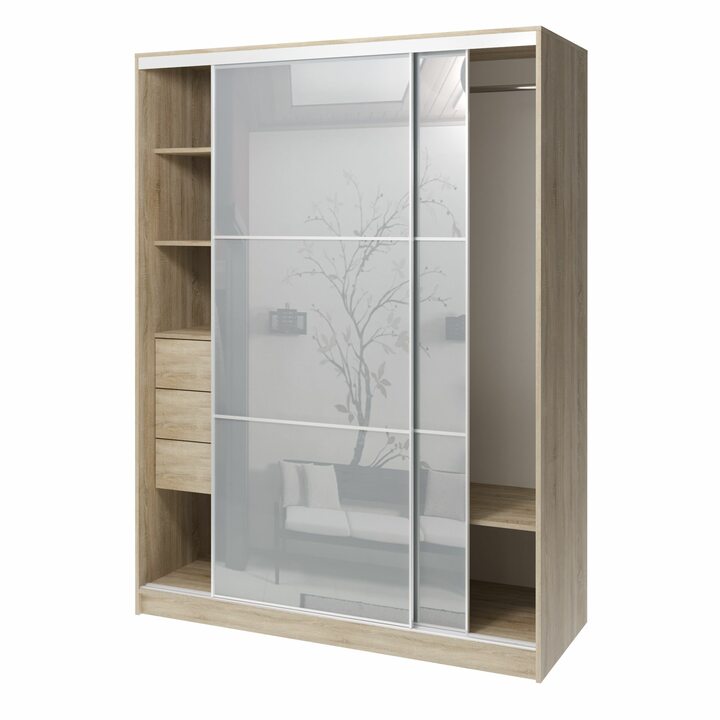 Валске Шкаф купе ширина 1,5 метра, корпус дуб сонома, фасад серое стекло