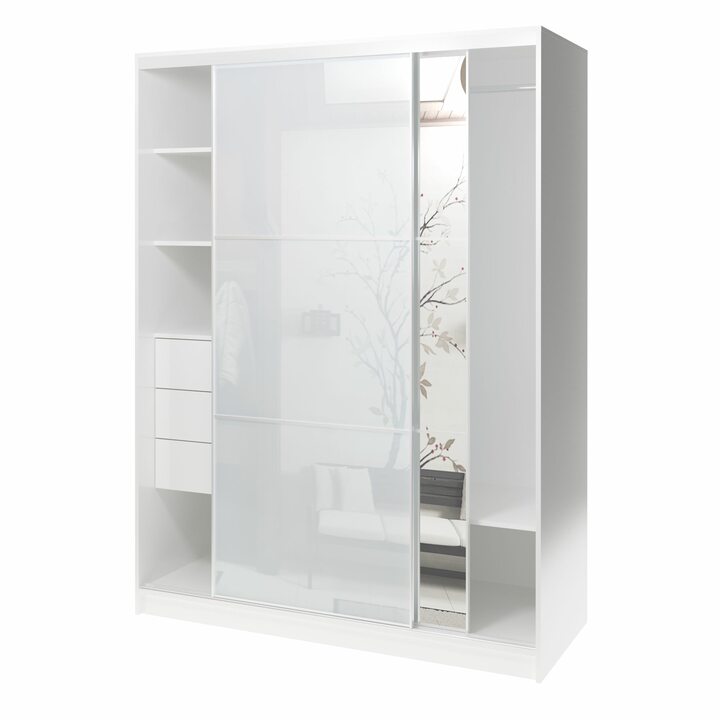 Валске Шкаф купе ширина 1,5 метра, корпус белый, фасад белое стекло, зеркало