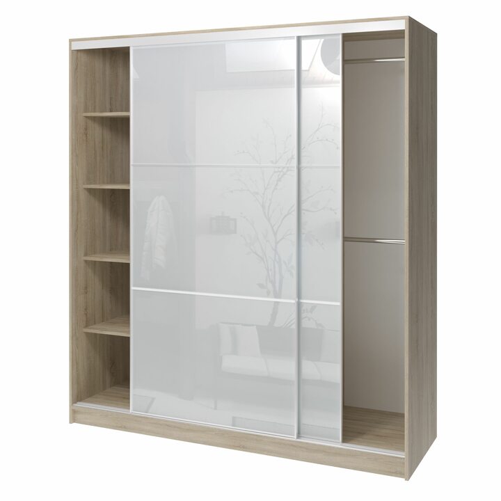 Валске Шкаф купе ширина 1,8 метра, корпус дуб сонома, фасад белое стекло
