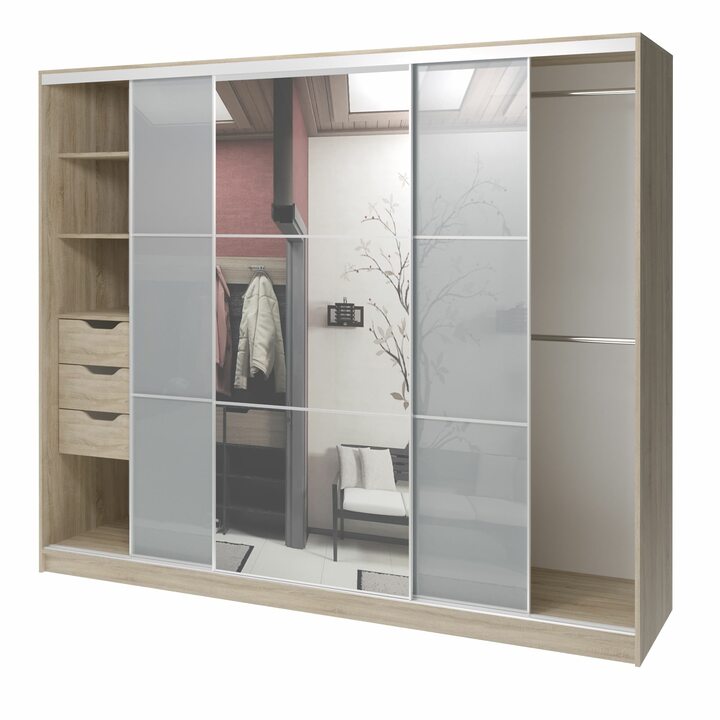 Валске Шкаф купе ширина 2,4 метра, корпус дуб сонома, фасад серое стекло, зеркало