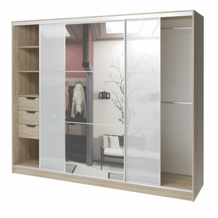 Валске Шкаф купе ширина 2,4 метра, корпус дуб сонома, фасад белое стекло, зеркало