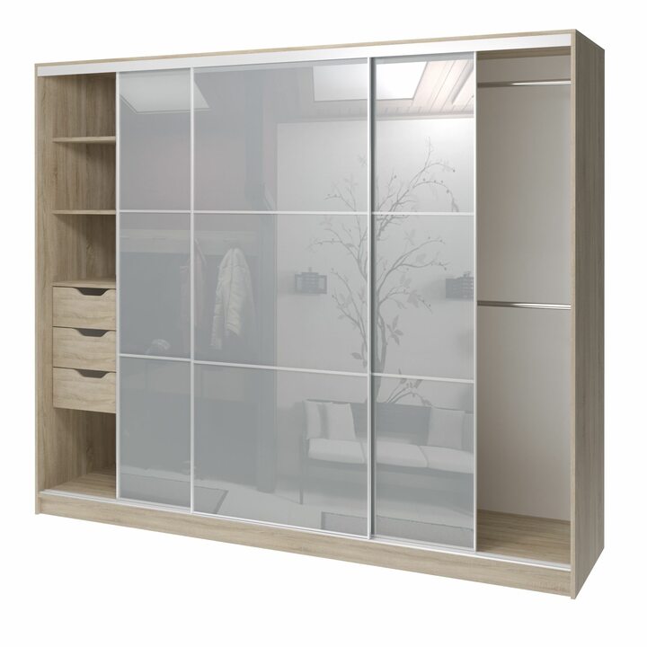 Валске Шкаф купе ширина 2,4 метра, корпус дуб сонома, фасад серое стекло