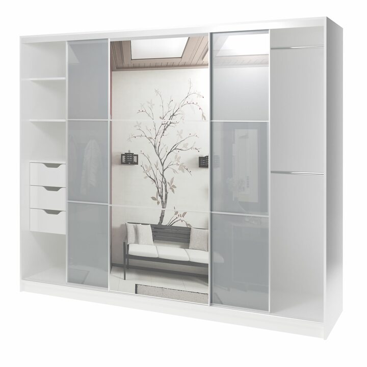 Валске Шкаф купе ширина 2,4 метра, корпус белый, фасад серое стекло, зеркало