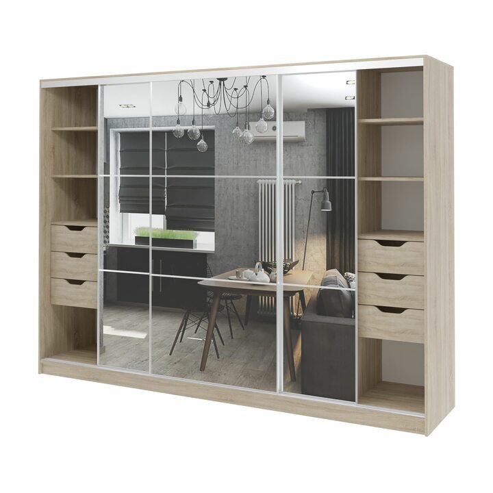 Валске Шкаф купе ширина 2,7 метра, корпус дуб сонома, фасад зеркало