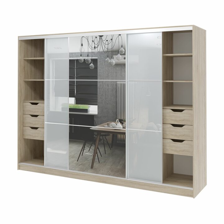 Валске Шкаф купе ширина 2,7 метра, корпус дуб сонома, фасад белое стекло, зеркало
