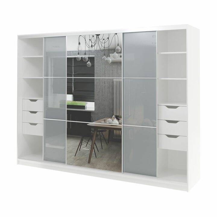 Валске Шкаф купе ширина 2,7 метра, корпус белый, фасад серое стекло, зеркало