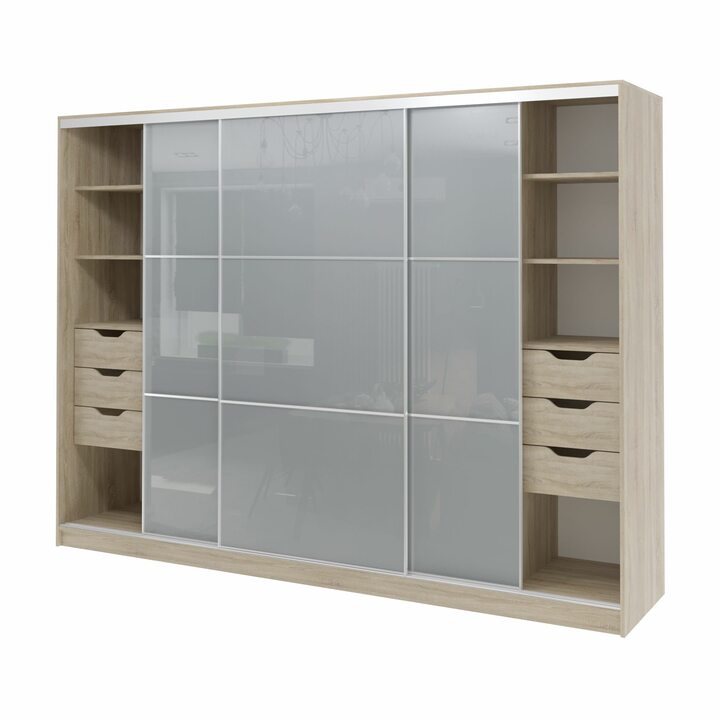 Валске Шкаф купе ширина 2,7 метра, корпус дуб сонома, фасад серое стекло