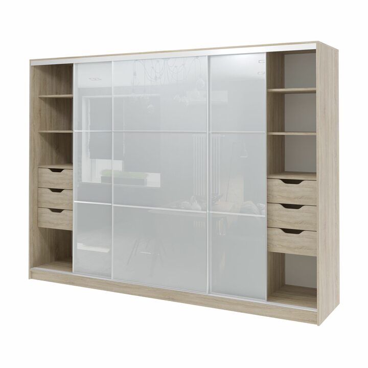 Валске Шкаф купе ширина 2,7 метра, корпус дуб сонома, фасад белое стекло