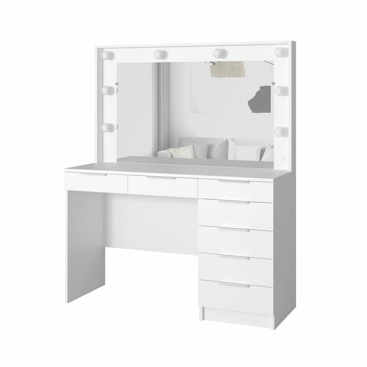 Валске Туалетный столик с гримерным зеркалом и 7 ящиками, ЛДСП белый