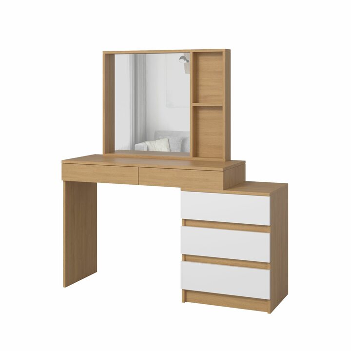 Тердема Туалетный столик с настольным зеркалом и 5 ящиками, ЛДСП белый, дуб ланкастер натуральный