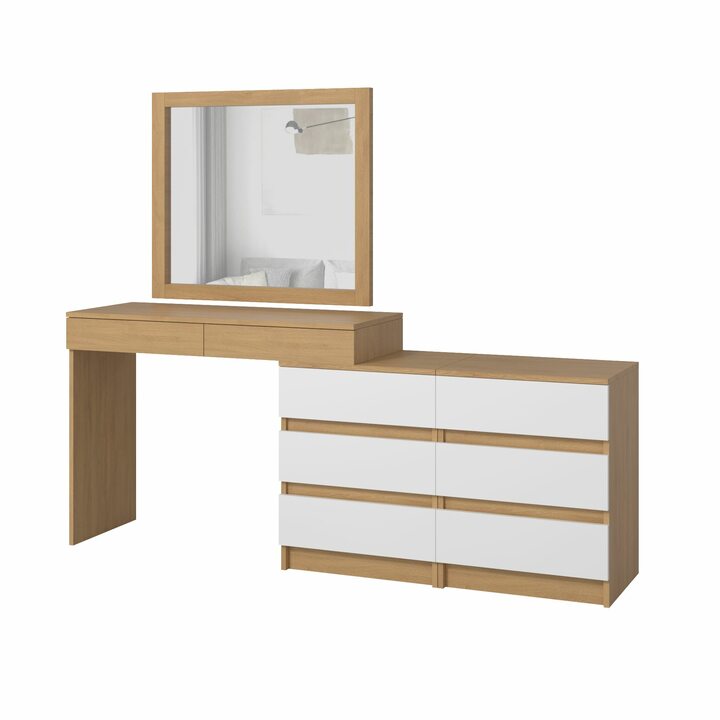 Тердема Туалетный столик с навесным зеркалом и 8 ящиками, ЛДСП белый, дуб ланкастер натуральный
