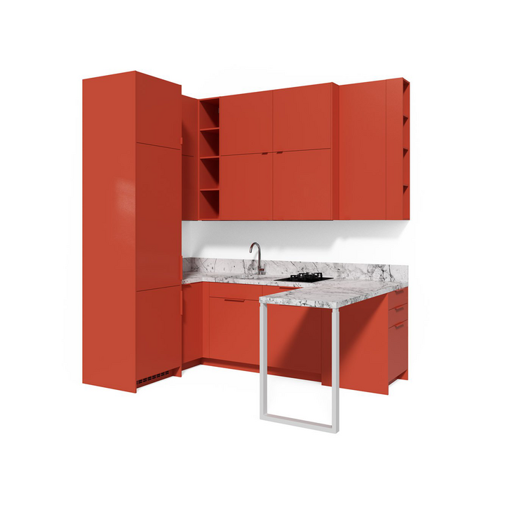 Современная кухня с барной стойкой, цвет – красный, DE.013.007.40